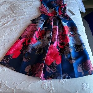 Kay Unger Blue and Pink Floral Midi Dress